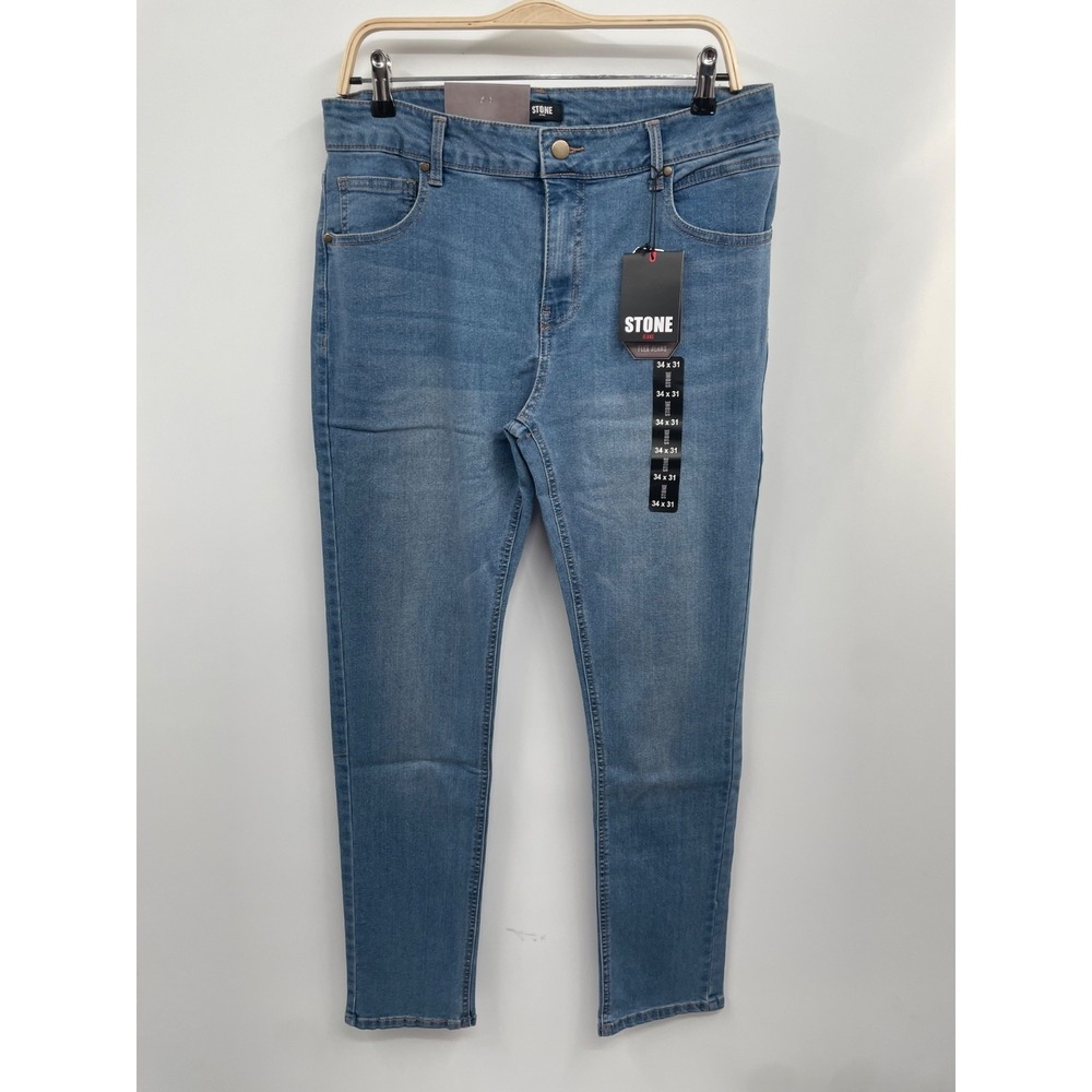 Stone Flex Jeans Men 34x31 Light Blue Denim 4-Way Stretch Skinny Leg Zip Fly NWT